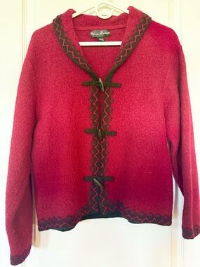 Mercer & Madison Red/ Black Toggle Cardigan with Black Trim